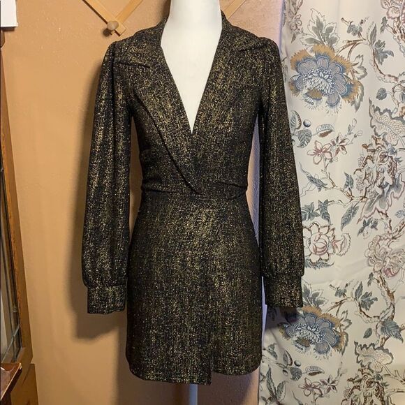 Reformation Wyler Wrap Dress Black Gold Metallic - Picture 2 of 13